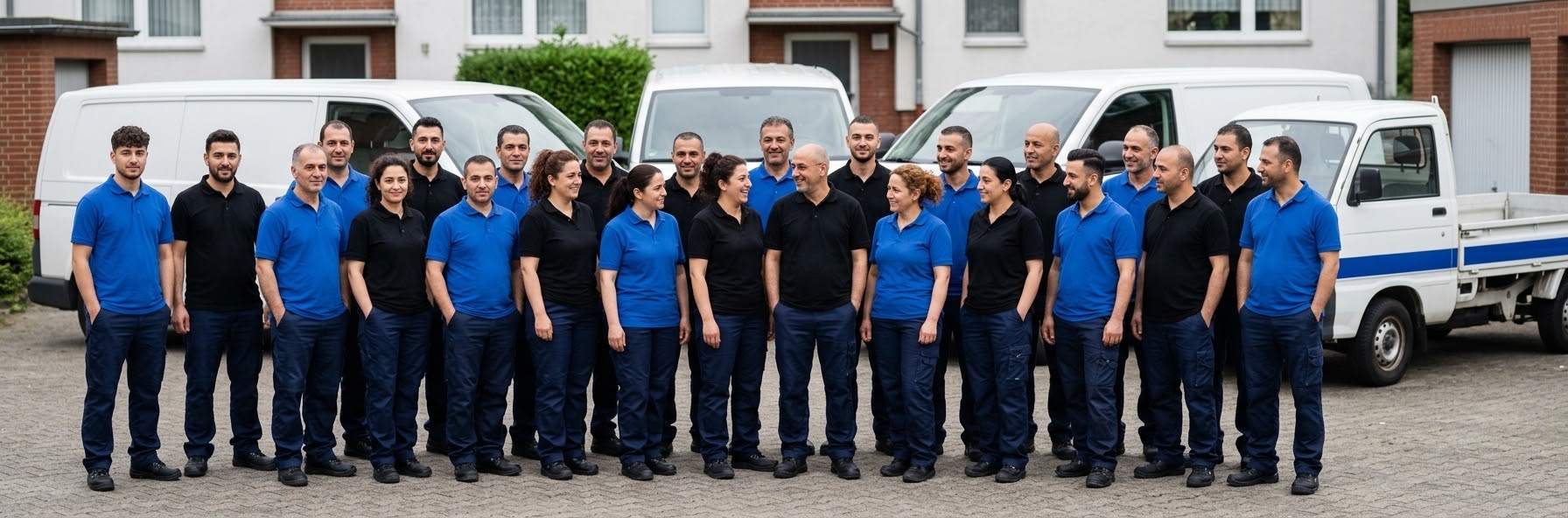 Symbolbild: Team einer Kölner Gebäudereinigung vor Firmenfahrzeugen